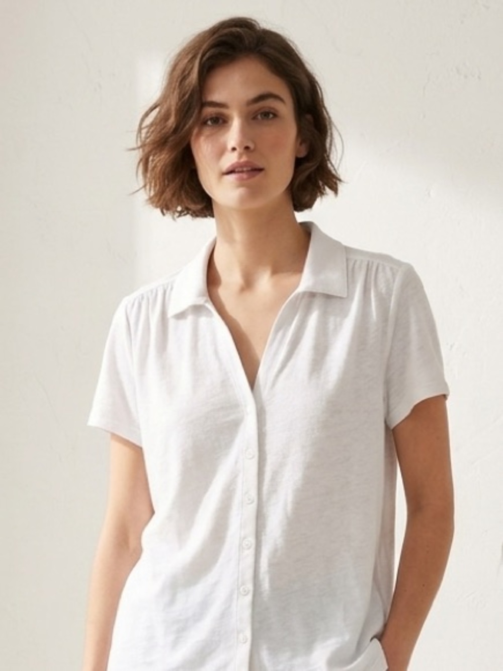 Lands' End White Linen Blend Button Front Top Coastal Breezy Beachy